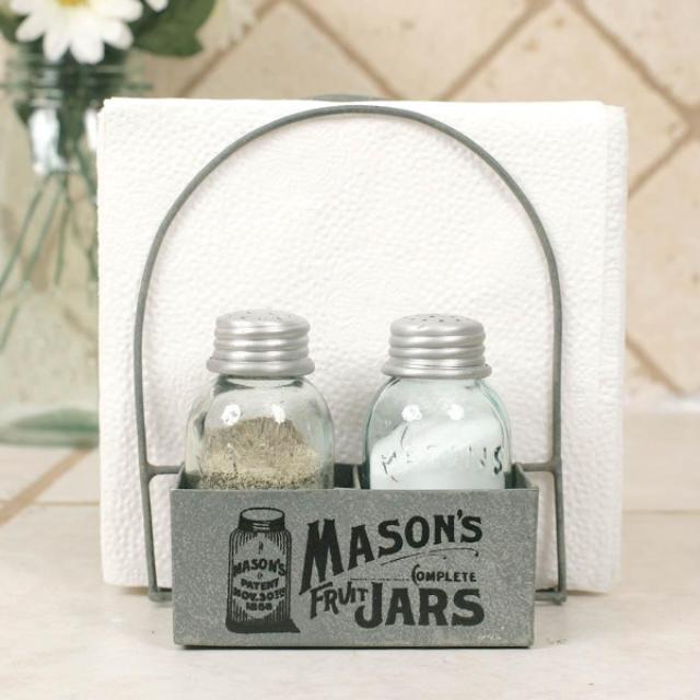 Dining Farm Kitchen Mason Jar Mini Salt & Pepper Shaker Set with Napkin Holder Caddy