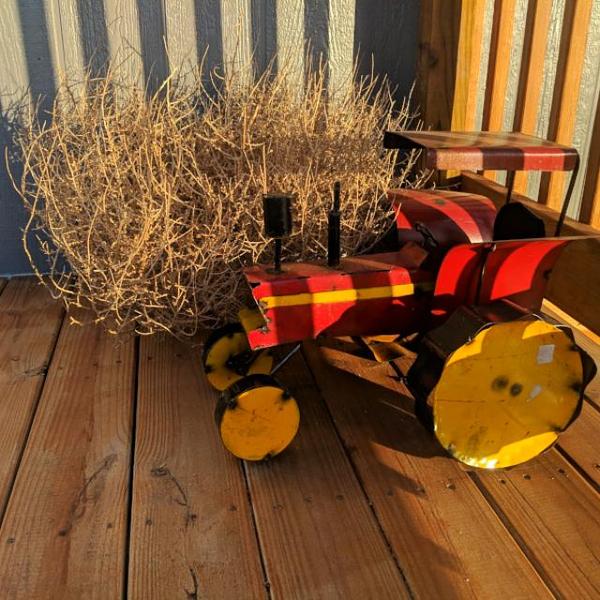 tractor and tumbleweed as exterior home decor