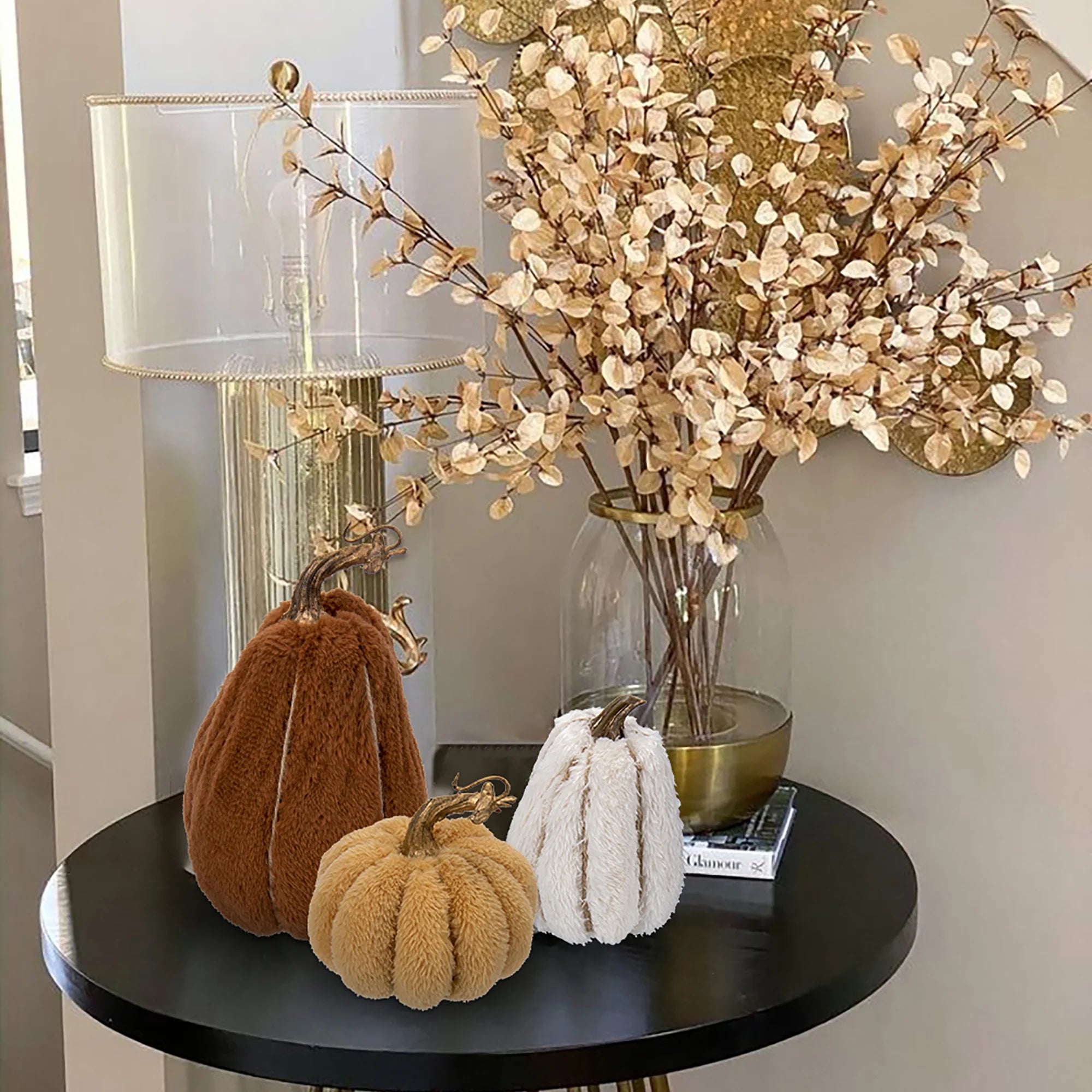 3 Pcs Artificial Pumpkins Decoration Set Sherpa Pumpkins Assorted Small Size Fake Fall Pumpkin Harvest Table Centerpiece