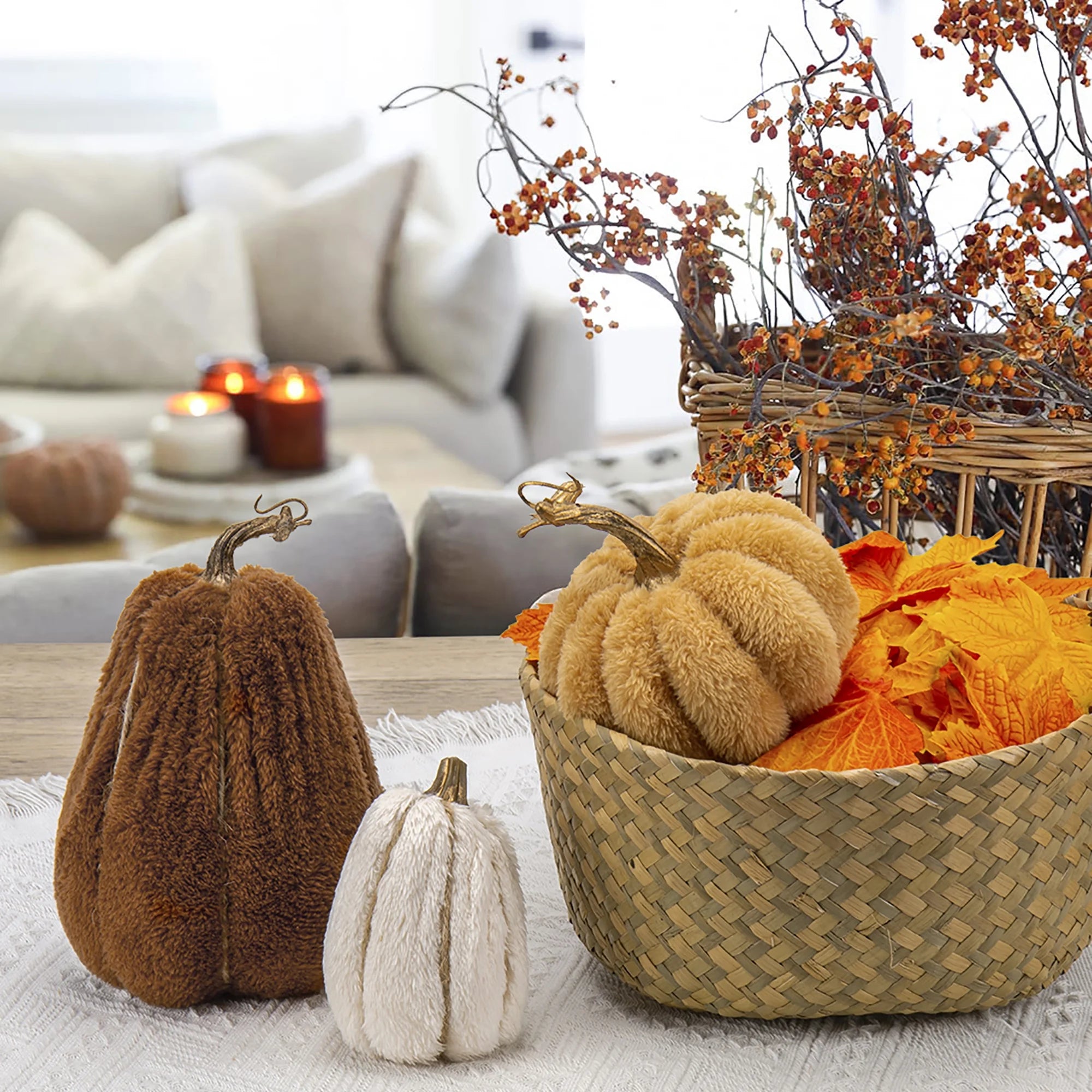 3 Pcs Artificial Pumpkins Decoration Set Sherpa Pumpkins Assorted Small Size Fake Fall Pumpkin Harvest Table Centerpiece
