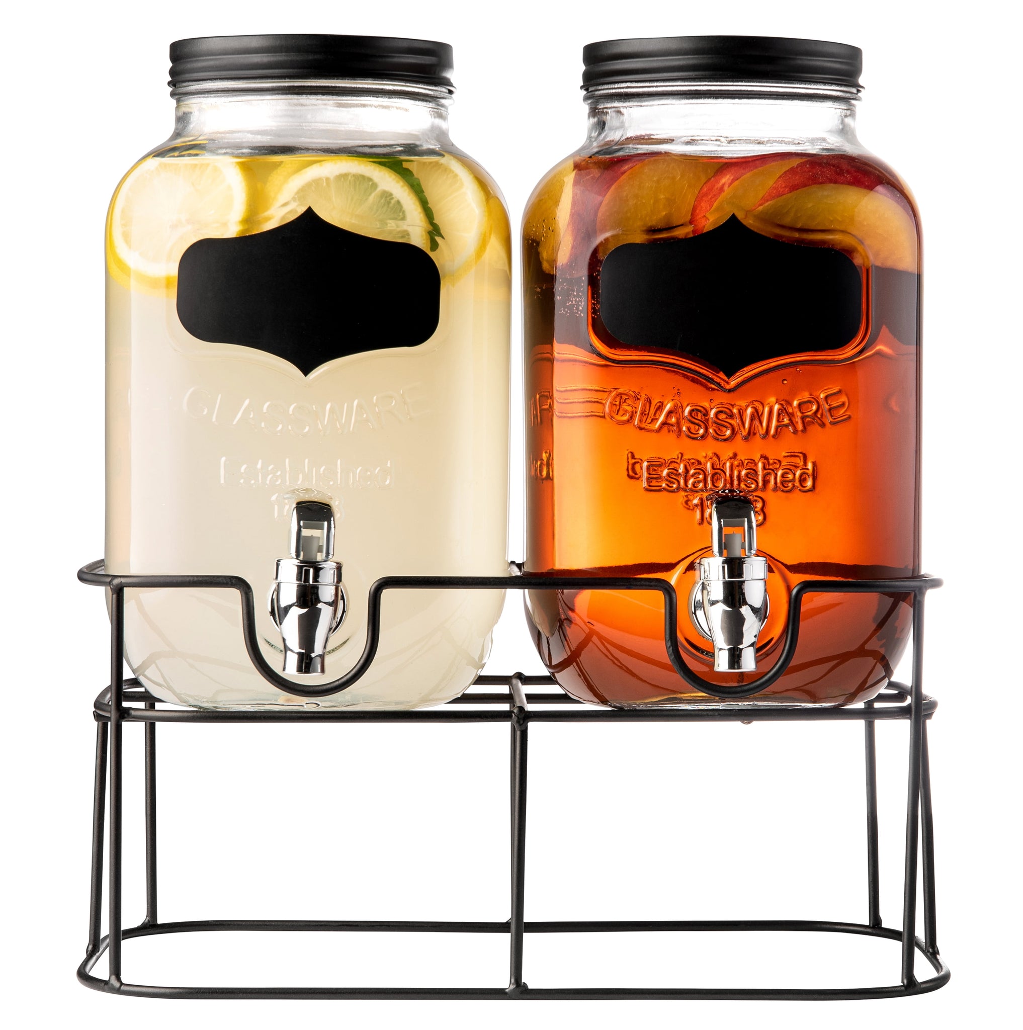 Dual Mason Jar Drink Dispensers with Metal Stand 4-Liters Each Leakproof, Easy-Pull Spigots and Screw-On Lids Clear, Heavy-Duty Glass Chalkboard Sticker Labels