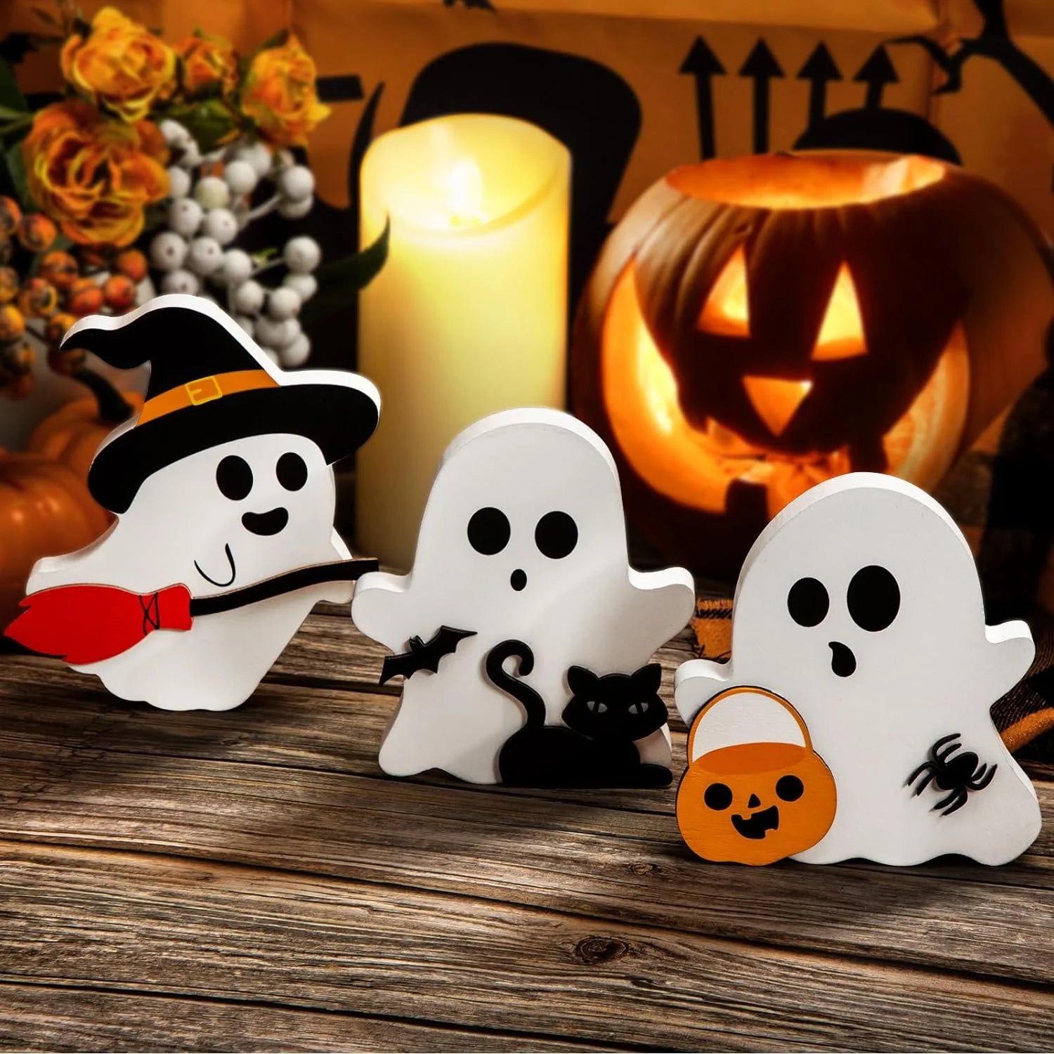 Halloween Decorations Cute Ghost Halloween Tabletop Decor Table Wooden Signs Table Centerpieces Rustic Farmhouse Indoor Decorations for Halloween Fall Party Home Kitchen