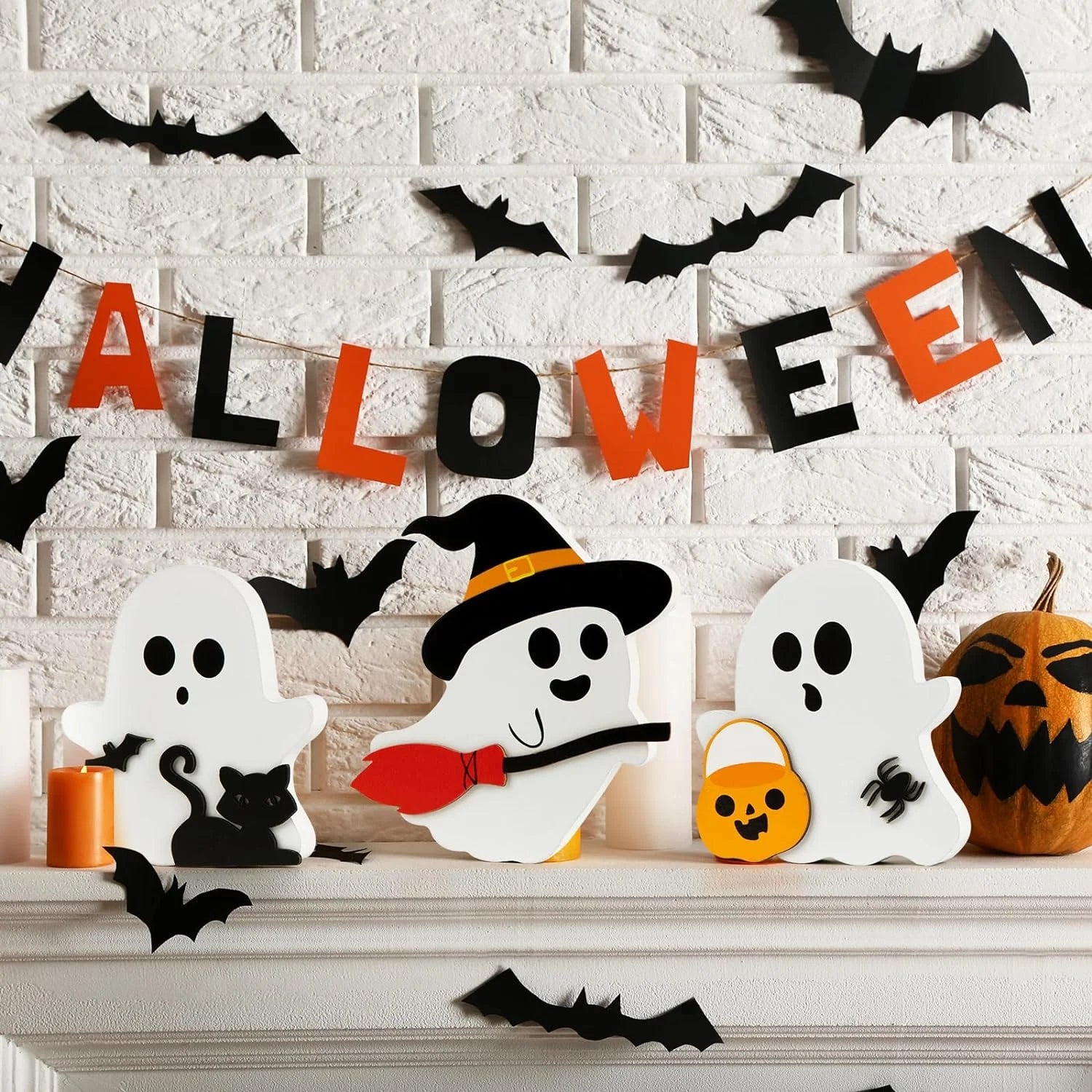 Halloween Decorations Cute Ghost Halloween Tabletop Decor Table Wooden Signs Table Centerpieces Rustic Farmhouse Indoor Decorations for Halloween Fall Party Home Kitchen