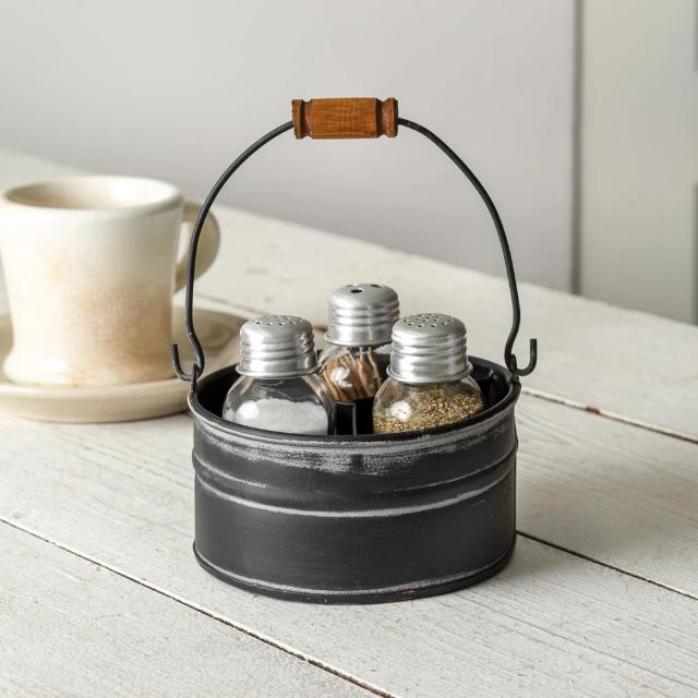 Antique Black Finish Salt & Pepper Mason Jar Shaker Caddy