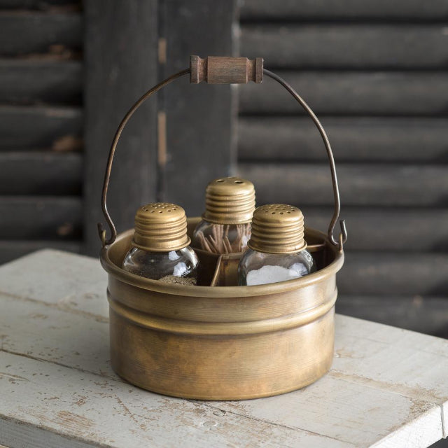 brass salt & pepper toothpick shaker mason jar caddy set